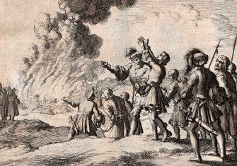 The burning of the Orléans heretics, by Jan Luyken, from Martyrs Mirror, 1685. Artokoloro/Alamy Stock Photo.