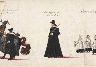 Drawings of the funeral procession of Elizabeth I of England to to Westminster Abbey, 28th April 1603 : the horse trapped with velvet, led by two attendants; the Sergeant of the Vestry and Children of the Chapel Royal;