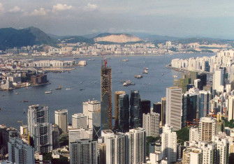 The BOCHK Bank of China Building under construction viewed from the Peak