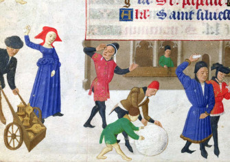 Snowball fights from the Hours  of the Duchess of Burgundy, c.1450.