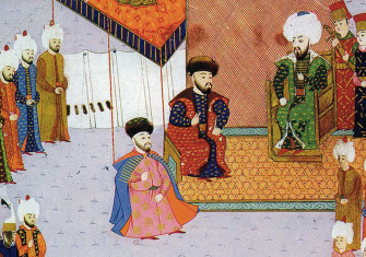 Khan Mengli I Giray with his son, the future Khan Mehmed I Giray, at the reception of Sultan Bayezid II, Turkish miniature, c.1484.