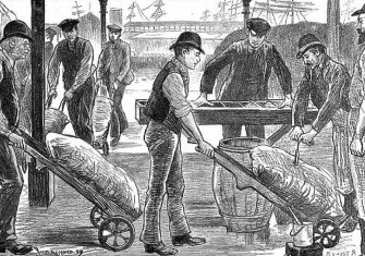 Dockers unloading sugar in the West India Docks at the end of the dock labourers' strike, 16th September, 1889