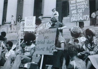 demonstrators outside Leeds Crown Court on the first day of the trial of the Leeds Bonfire Night 12, June 1975. Photograph by Max Farrar.