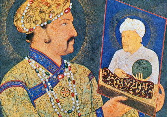 Mughal emperor Jahangir holding a portrait of his father, Akbar the Great, 17th century.