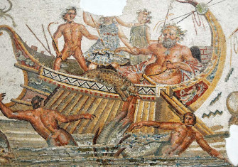 Panther-Dionysus scatters the pirates, who are changed to dolphins