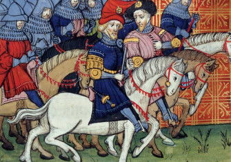 English army  with banner, from the Chroniques de France ou de St Denis, late  14th century.