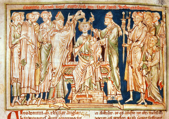 The coronation of Edward the Confessor, from Flores Historiarum by Matthew Paris, 13th century. 