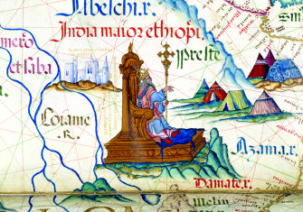 Prester John on his throne in Ethiopia, from a map of East Africa in the Queen Mary Atlas, by Diogo Homem, Portuguese, 1558.