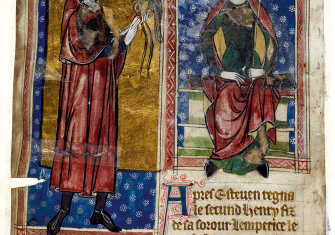 Stephen (left) and Henry II, from Les Roys de Engeltere, Anglo-Norman manuscript, late 13th century.