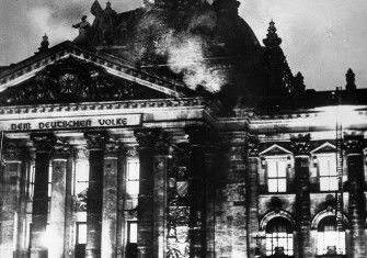 The Reichstag on fire, Berlin, February 1933.