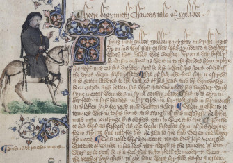Folio 153v of the Ellesmere Manuscript, illuminated manuscript of Geoffrey Chaucer's Canterbury Tales, 1410. Wikimedia Commons