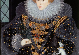 Painting of Elizabeth I of England, also known as the Ermine Portrait. Elizabeth is wearing a richly decorated black dress and The Three Brothers jewel.