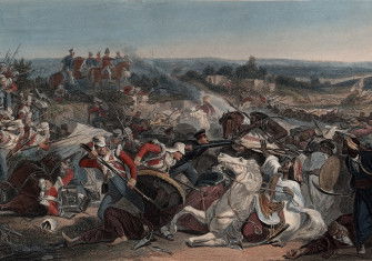 A hand-coloured engracing J.B. Allen of British infantry at the Battle of Miani, c. 1847.