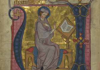 A portrait of the Venerable Bede in a 14th century Germany homilary. Walters Art Museum. Public Domain.