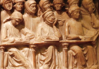 Carving of medieval university students on the tomb of the scholar Giovanni da Legnano, Bologna, 14th century.