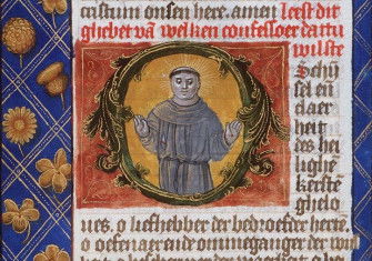 St. Francis of Assisi showing his stigmata in an illustrated manuscript, c. 1490.