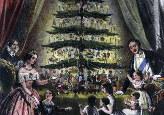 Queen Victoria, Prince Albert and their children gather around a Christmas tree, December 1848. Webster Museum. Public Domain.