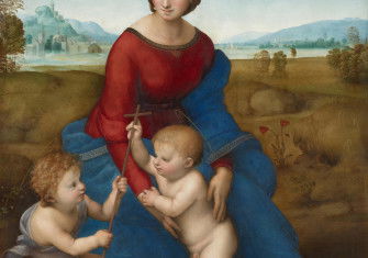 Madonna of the Meadow (Madonna with the Christ Child and Saint John the Baptist), by Raphael, 1506. Art Library/Alamy Stock Photo.