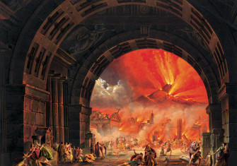 The eruption of Vesuvius depicted in Giovanni Pacini’s opera, L’ultimo giorno di Pompei, 1827. The Getty Research Institute, via Wikipedia.