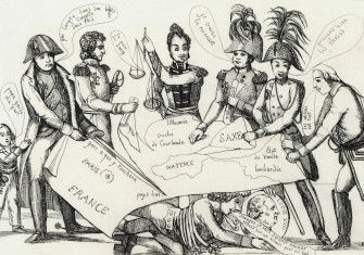 A caricature of the Great Powers dividing Europe at the Congress of Vienna, c. 1815. Deutsche Fotothek. Public Domain.