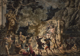 A Saturnalia scene showing the Roman pagan festival in full swing beneath the statue of Saturn. Art by Jean Grandjean, c. 18th century. Albertina. Public Domain.