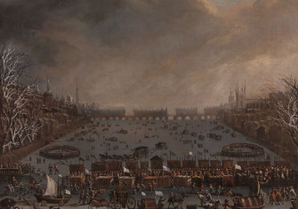 Frost Fair on the Thames, with Old London Bridge in the distance, unknown artist, c. 1684. Yale Center for British Art, Paul Mellon Collection. Public Domain.