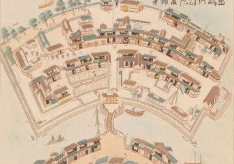 A plan of the Dutch trading post on the artificial island of Dejima, connected to Nagasaki by a bridge, c. 1824-1825. Rijiksmuseum. Public Domain.