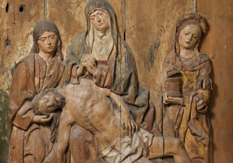 Pietà (Lamentation), St. John and Mary Magdalene mourn with the Virgin Mary over the crucified Jesus Christ. French, c. 16th century. Metropolitan Museum of Art. Public Domain.