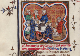 Louis IX feeding the poor and washing their feet, from the Grandes Chroniques de France, 1370-75. Bibliothèque nationale de France.