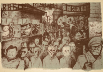 A scene from Auschwitz by Holocaust survivor Leo Haas, c. 1947. Center for Jewish History, New York. Public Domain.