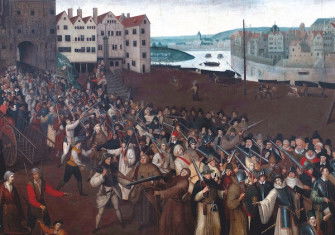 ‘Procession de la Ligue sur la place de Grève’ – the procession of the Catholic League during the French Wars of Religion – unknown artist, c.1590. Musée Carnavalet, Paris. Public Domain.