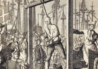 A pirate execution, from The history and lives of all the most notorious pirates, and their crews, from Capt. Avery, who first settled at Madagascar, to Capt. John Gow, by Charles Johnson, 1725. British Library/Bridgeman Image.