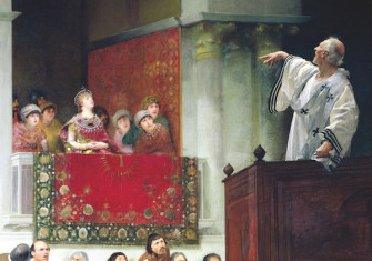 Bishop John Chrysostom preaching before the Roman empress Eudoxia, by Joseph Wencker, c.1880. Bridgeman Images