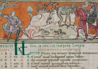 Life on land: hunting with the falcon, from an Anglo-Saxon calendar, 11th century. British Library/Bridgeman Images.