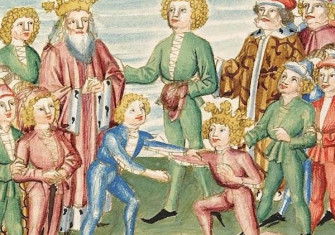 Children wrestle before a king, c. 1470-80. Universitätsbibliothek Heidelberg. Public Domain.