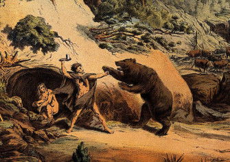 A prehistoric man defends his family from an attacking bear, c. 1840-1900. Wellcome Collection. Public Domain.