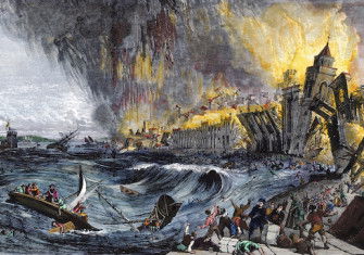 Illustration of the 1755 Lisbon earthquake, from the Augsburgische Sammlung, by J.M. Roth, 1756. North Wind Pictures/Bridgeman Images.
