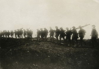 Working parties go up to consolidate newly captured trenches on the Somme, c. 1916. UBC Library Digitization Centre. Public Domain.