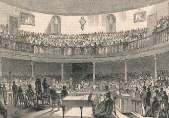 Charles Dickens addressing the Liverpool Mechanics’ Institution, Illustrated London News, 2 March 1844. Illustrated London News/Mary Evans.