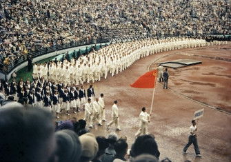 The Soviet Olympic team marches into the stadium at the opening of the 1952 Helsinki Olympics, the first one contested by the USSR. Helsinki City Museum (CC0).