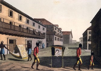 A European woman being carried in a sedan chair through Rio de Janeiro, by Paolo Fumagalli, c. 1821. Wellcome Collection. Public Domain.