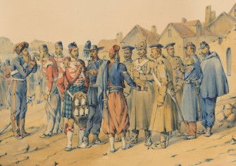 ‘Peace in the Crimea, April, 1856‘, showing British, Russian, French and Sardinian soldiers, by Orlando Norie. Prints, Drawings and Watercolors from the Anne S.K. Brown Military Collection. Brown Digital Repository. Brown University Library. Public Domain.