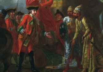 Robert Clive meeting Mir Jafar after the Battle of Plassey, Francis Hayman, c.1762. PRISMA ARCHIVO/Alamy Stock Photo.