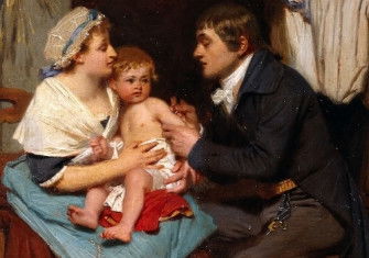 Edward Jenner vaccinating a boy, oil painting by E.E. Hillemacher, 1884. Wellcome Collection. Public Domain.