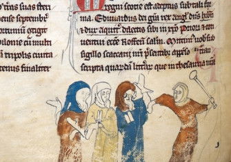 Marginal illustration showing the expulsion of Jews, the Rochester Chronicle, 1355. British Library/Bridgeman Images.