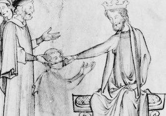 Edward the Confessor touching a man afflicted with the ‘king’s evil’, from a manuscript at Cambridge University Library. Wellcome Collection. Public Domain.