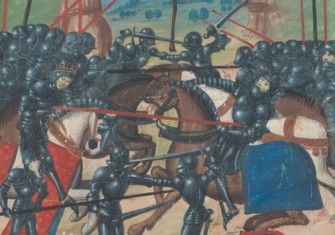 The Battle of Barnet in the Wars of the Roses, from the frontispiece to the Ghent Manuscript, c.1471. Ghent University Library. Public Domain.