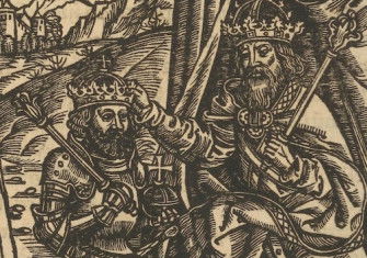 Otto III placing a diadem on Bolesław’s head, Chronica Polonorum, 1519. National Library of Poland. Public Domain.