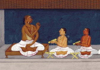 The young Brahmin is committed to the care of a Shastri Brahmin. From The Lives of the Brahmin, an album of 38 watercolour drawings of ceremonies undertaken during  the life of a Brahmin, India, c.1820. British Library/Bridgeman Images.