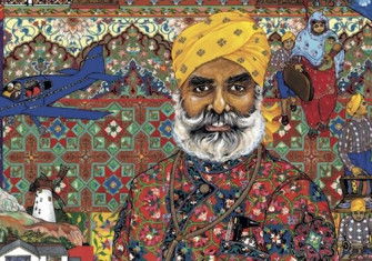 A large-scale artwork by contemporary artists The Singh Twins paying homage to their father’s migration journey, from the Migration Museum’s All Our Stories exhibition. © Artwork: The Singh Twins.